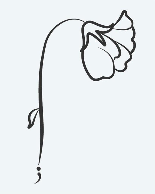 Semicolon Flower semi-permanent tattoo design by INKON – drooping, flower, semicolon, stem, base illustration, 2 x 2 in (5x5cm), available at inkon.co