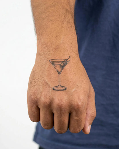 INKON Martini Glass semi-permanent tattoo applied on a man – 2 x 2 in (5x5cm) design, realistic ink look, lasts 10 days