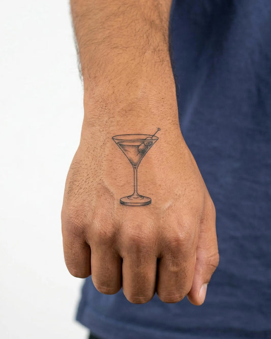 INKON Martini Glass semi-permanent tattoo applied on a man – 2 x 2 in (5x5cm) design, realistic ink look, lasts 10 days