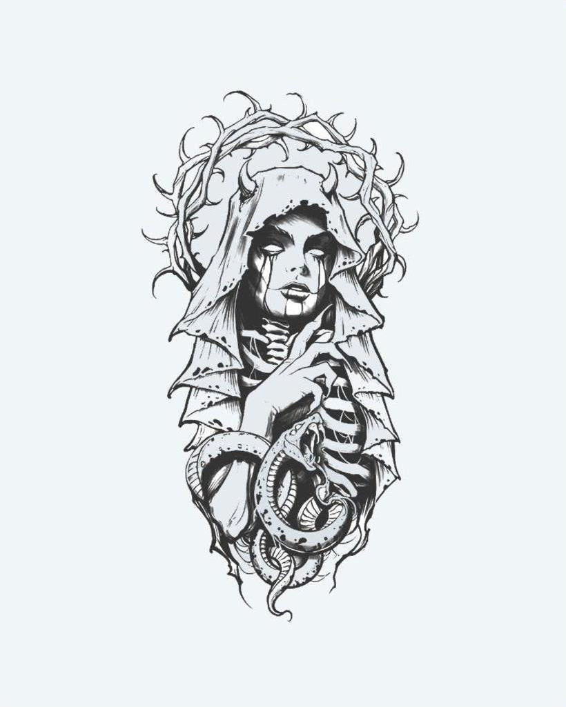 Veiled Lady & Serpent semi-permanent tattoo design by INKON – dark, gothic, veiled, weeping, woman illustration, 4 x 8 in (11x21cm), available at inkon.co