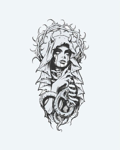Veiled Lady & Serpent semi-permanent tattoo design by INKON – dark, gothic, veiled, weeping, woman illustration, 4 x 8 in (11x21cm), available at inkon.co