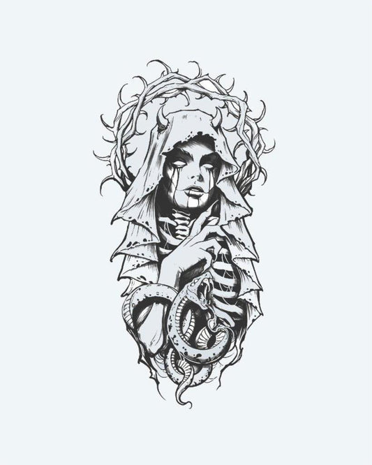 Veiled Lady & Serpent semi-permanent tattoo design by INKON – dark, gothic, veiled, weeping, woman illustration, 4 x 8 in (11x21cm), available at inkon.co