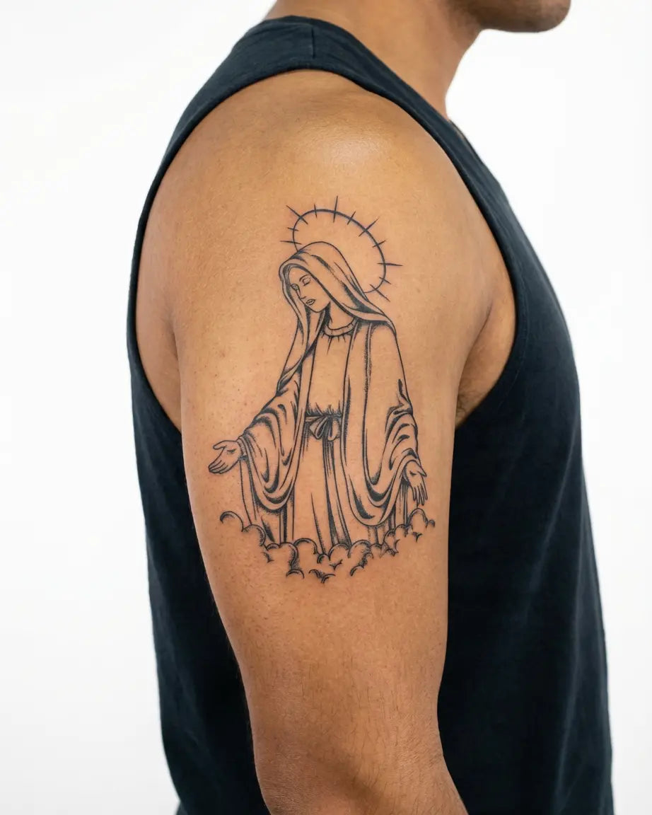 INKON Holy Mother semi-permanent tattoo applied on a man – 4 x 7 in (10x17cm) design, realistic ink look, lasts 10 days