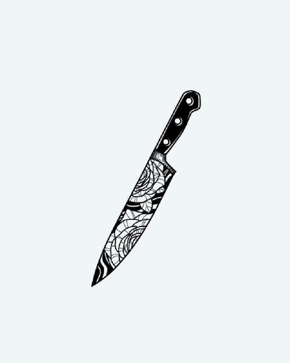 Rose Chef's Knife semi-permanent tattoo design by INKON – illustrative, blackwork, chef, knife, etched illustration, 3 x 4 in (6x11cm), available at inkon.co