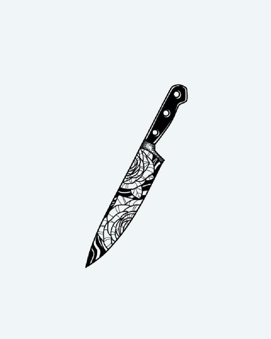 Rose Chef's Knife semi-permanent tattoo design by INKON – illustrative, blackwork, chef, knife, etched illustration, 3 x 4 in (6x11cm), available at inkon.co