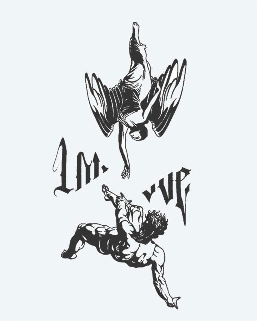 Fallen Angels & Lettering semi-permanent tattoo design by INKON – dramatic, scene, falling, angel, reaching illustration, 4 x 8 in (11x21cm), available at inkon.co