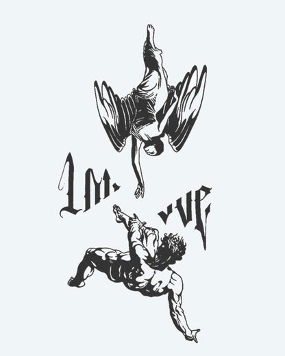 Fallen Angels & Lettering semi-permanent tattoo design by INKON – dramatic, scene, falling, angel, reaching illustration, 4 x 8 in (11x21cm), available at inkon.co