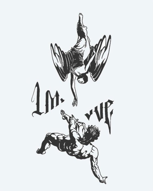 Fallen Angels & Lettering semi-permanent tattoo design by INKON – dramatic, scene, falling, angel, reaching illustration, 4 x 8 in (11x21cm), available at inkon.co