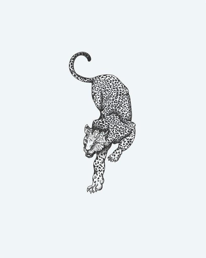 Prowling Leopard semi-permanent tattoo design by INKON – leopard, prowl, spotted, rendered, fine illustration, 4 x 4 in (9x9cm), available at inkon.co