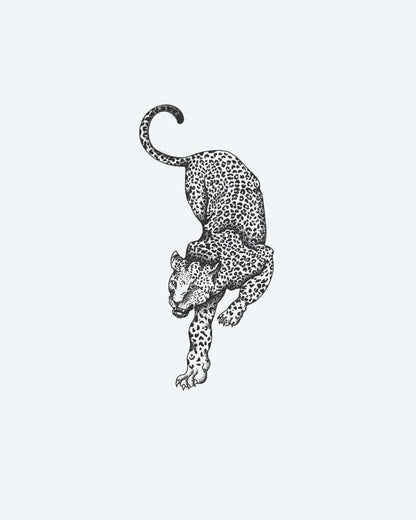 Prowling Leopard semi-permanent tattoo design by INKON – leopard, prowl, spotted, rendered, fine illustration, 4 x 4 in (9x9cm), available at inkon.co