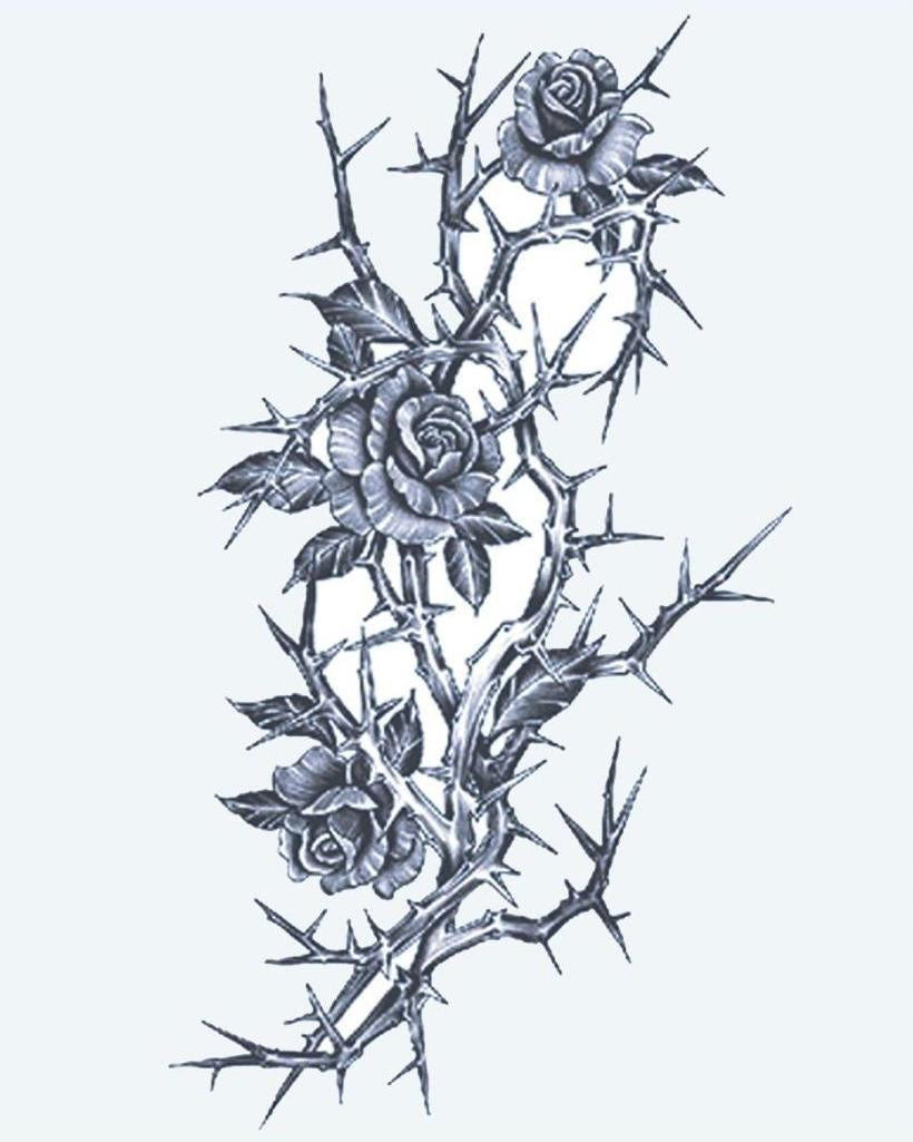 Roses & Thorns semi-permanent tattoo design by INKON – three, blooming, roses, thorny, branch illustration, 4 x 7 in (10x17cm), available at inkon.co