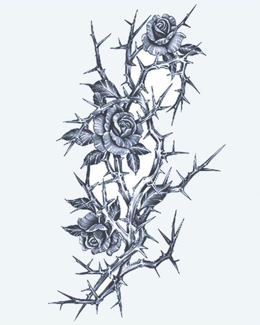 Roses & Thorns semi-permanent tattoo design by INKON – three, blooming, roses, thorny, branch illustration, 4 x 7 in (10x17cm), available at inkon.co
