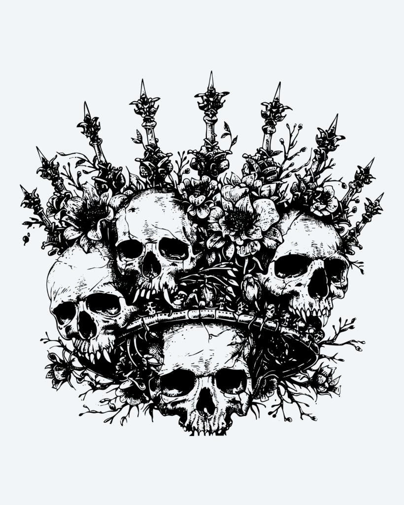 Skull Crown semi-permanent tattoo design by INKON – crown, multiple, human, skulls, adorned illustration, 4 x 4 in (9x9cm), available at inkon.co