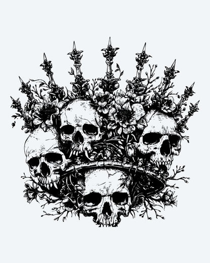 Skull Crown semi-permanent tattoo design by INKON – crown, multiple, human, skulls, adorned illustration, 4 x 4 in (9x9cm), available at inkon.co