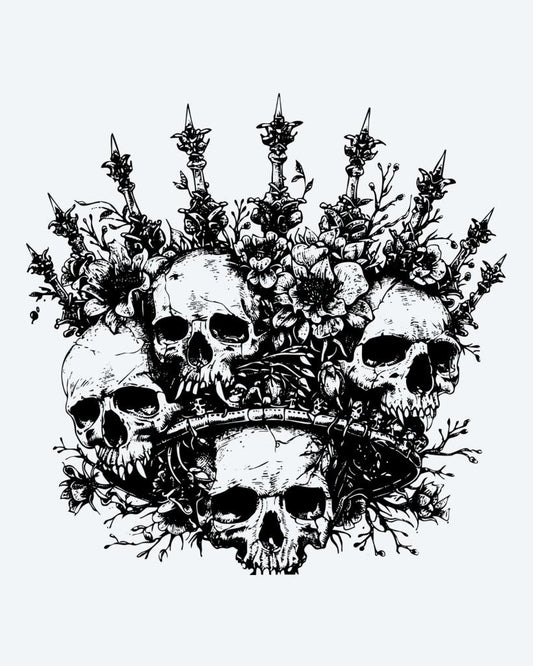 Skull Crown semi-permanent tattoo design by INKON – crown, multiple, human, skulls, adorned illustration, 4 x 4 in (9x9cm), available at inkon.co