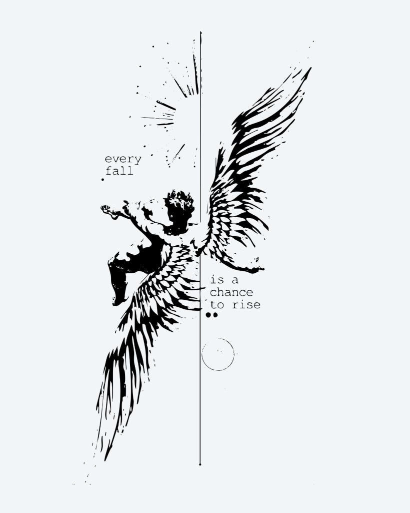 Fallen Angel & Quote semi-permanent tattoo design by INKON – inspirational, fallen, angel, spread, wings illustration, 4 x 8 in (11x21cm), available at inkon.co