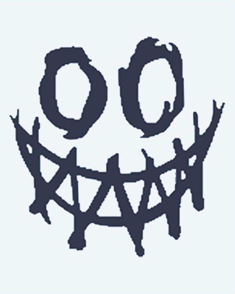Creepy Smile semi-permanent tattoo design by INKON – unsettling, grunge, smiley, face, hollow illustration, 2 x 2 in (5x5cm), available at inkon.co