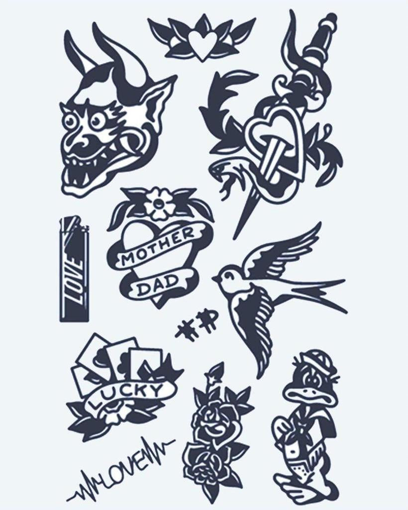 Old School Flash Sheet semi-permanent tattoo design by INKON – american, flash, sheet, mask, swallow illustration, 4 x 7 in (10x17cm), available at inkon.co