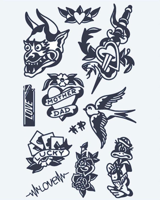 Old School Flash Sheet semi-permanent tattoo design by INKON – american, flash, sheet, mask, swallow illustration, 4 x 7 in (10x17cm), available at inkon.co