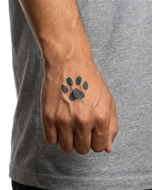 INKON Single Paw Print semi-permanent tattoo applied on a man – 2 x 2 in (5x5cm) design, realistic ink look, lasts 10 days