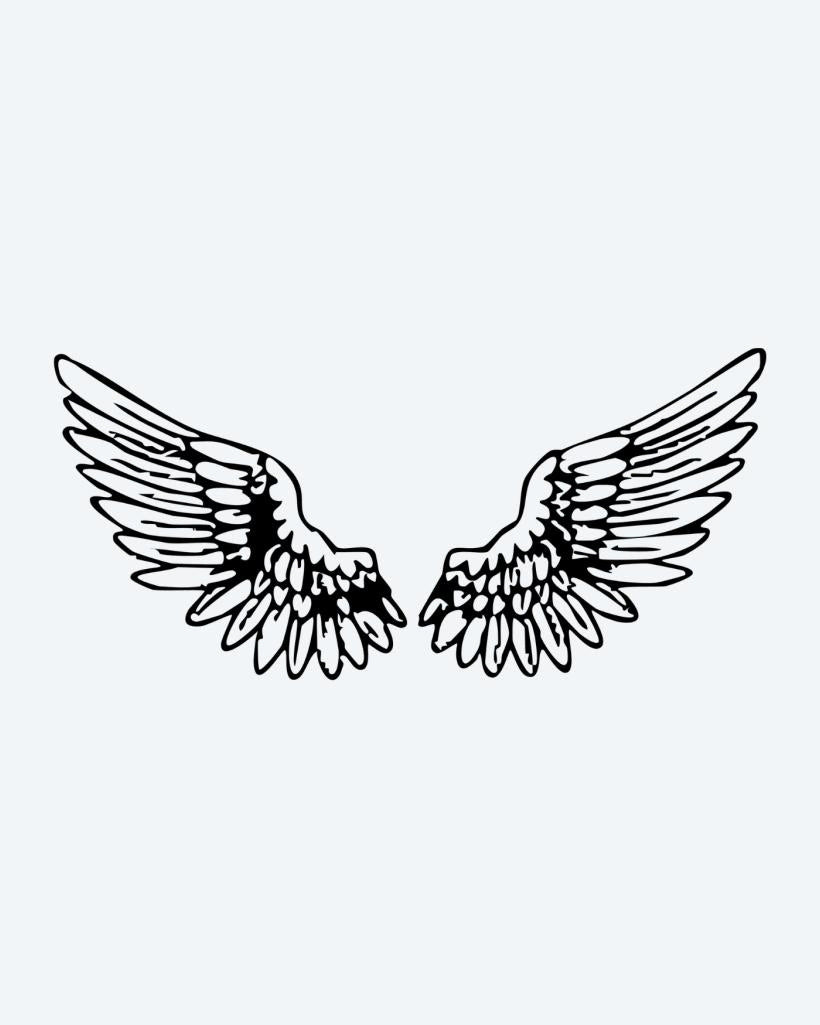Angel Wings Pair semi-permanent tattoo design by INKON – open, angel, wings, illustrative, feathers illustration, 4 x 8 in (11x21cm), available at inkon.co
