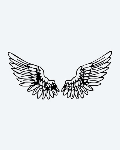 Angel Wings Pair semi-permanent tattoo design by INKON – open, angel, wings, illustrative, feathers illustration, 4 x 8 in (11x21cm), available at inkon.co