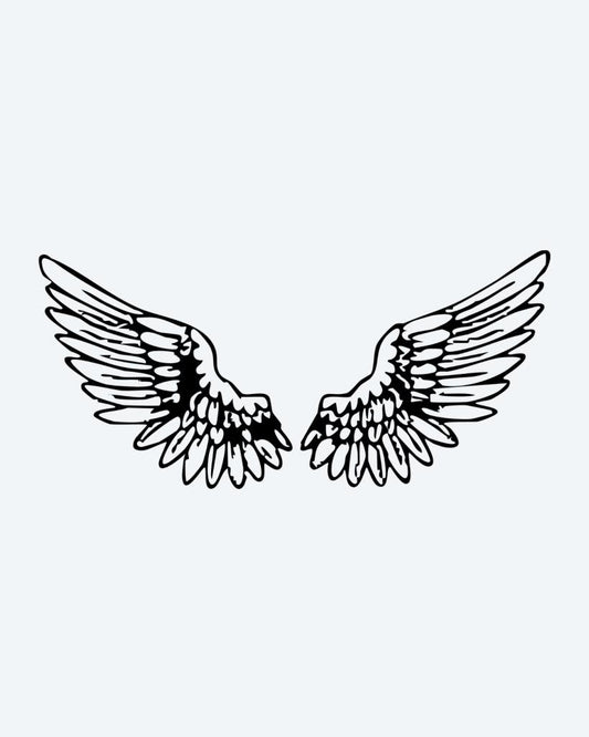 Angel Wings Pair semi-permanent tattoo design by INKON – open, angel, wings, illustrative, feathers illustration, 4 x 8 in (11x21cm), available at inkon.co