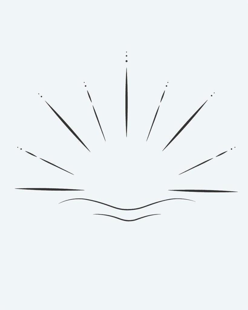 Sunrise Horizon semi-permanent tattoo design by INKON – minimalist, sunrise, radiating, rays, wavy illustration, 2 x 2 in (5x5cm), available at inkon.co