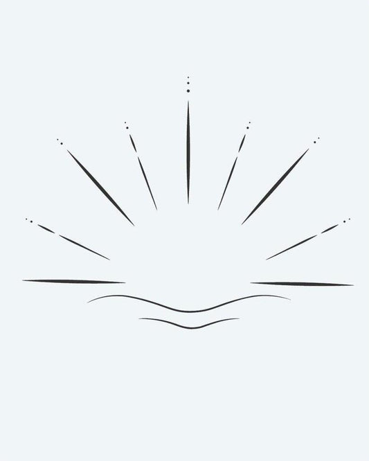Sunrise Horizon semi-permanent tattoo design by INKON – minimalist, sunrise, radiating, rays, wavy illustration, 2 x 2 in (5x5cm), available at inkon.co