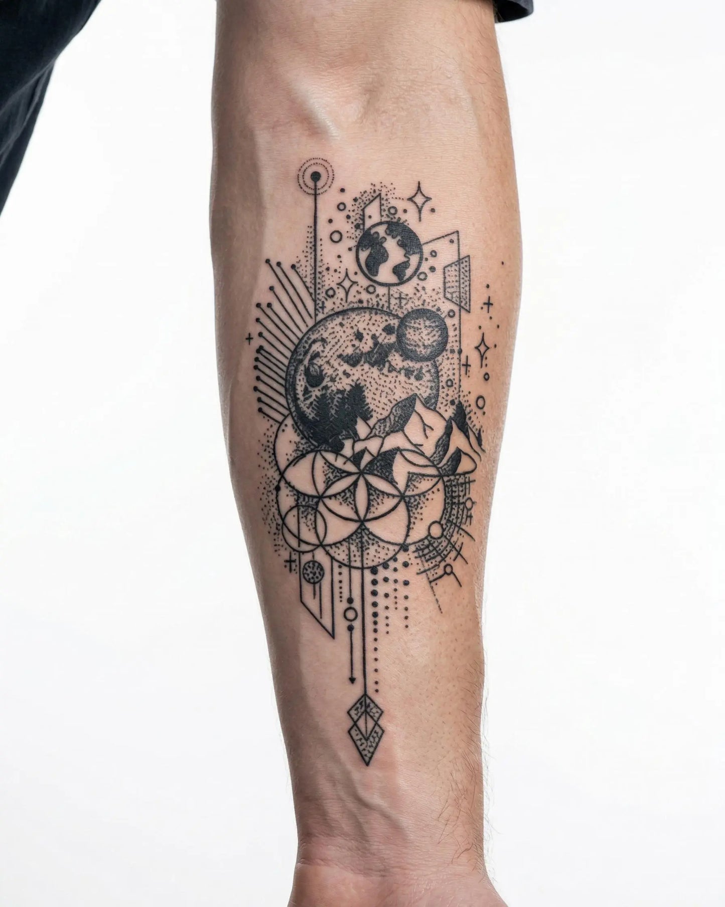 INKON Cosmic Moon & Geometry semi-permanent tattoo applied on a man – 4 x 7 in (10x17cm) design, realistic ink look, lasts 10 days