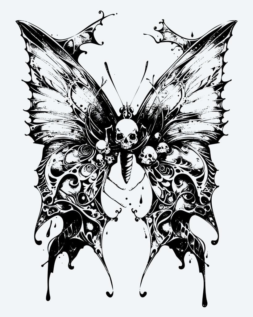 Skull Butterfly semi-permanent tattoo design by INKON – gothic, butterfly, ornate, wings, embedded illustration, 4 x 7 in (10x17cm), available at inkon.co