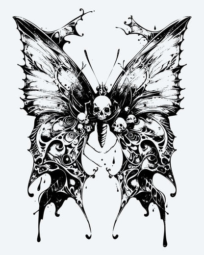 Skull Butterfly semi-permanent tattoo design by INKON – gothic, butterfly, ornate, wings, embedded illustration, 4 x 7 in (10x17cm), available at inkon.co