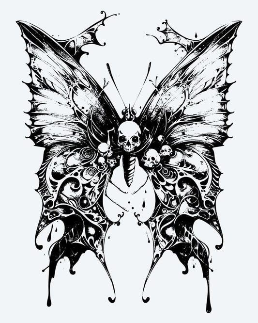 Skull Butterfly semi-permanent tattoo design by INKON – gothic, butterfly, ornate, wings, embedded illustration, 4 x 7 in (10x17cm), available at inkon.co