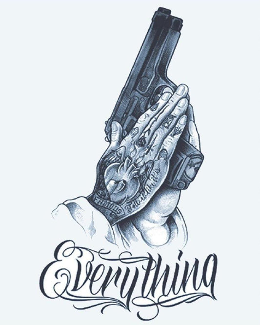 Praying Hands & Pistol semi-permanent tattoo design by INKON – tattooed, praying, hands, holding, pistol illustration, 4 x 7 in (10x17cm), available at inkon.co