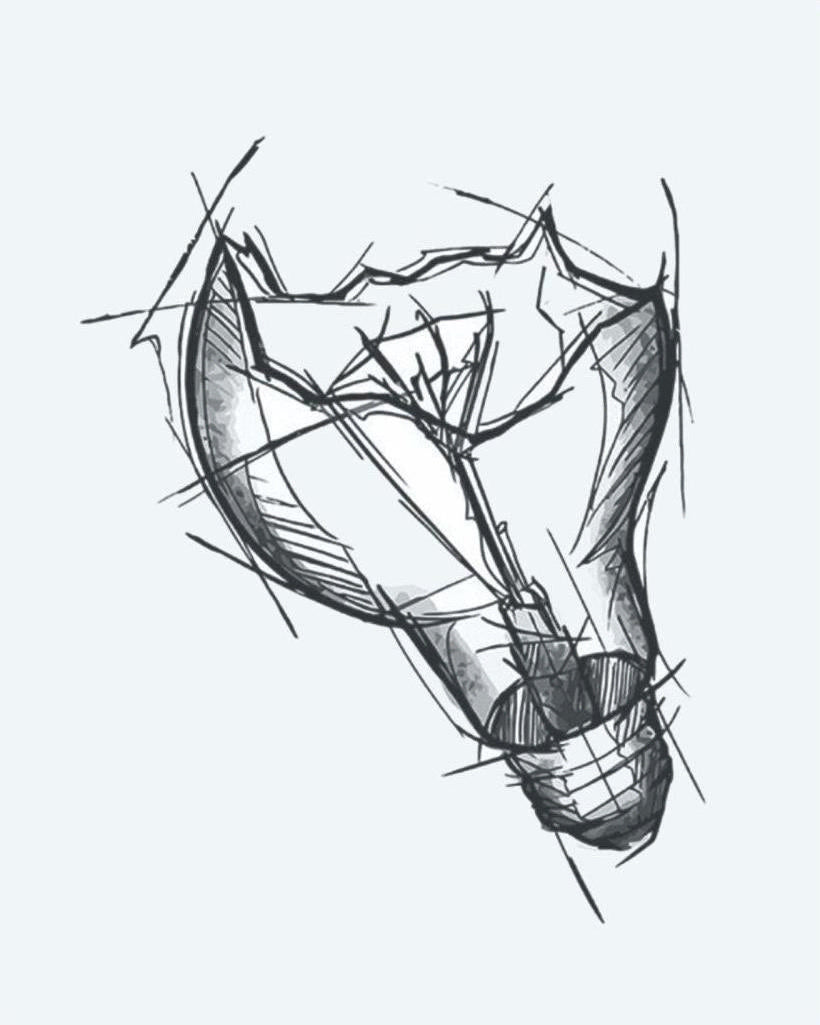 Broken Light Bulb semi-permanent tattoo design by INKON – sketchy, broken, light, bulb, illustrative illustration, 3 x 4 in (7x10cm), available at inkon.co