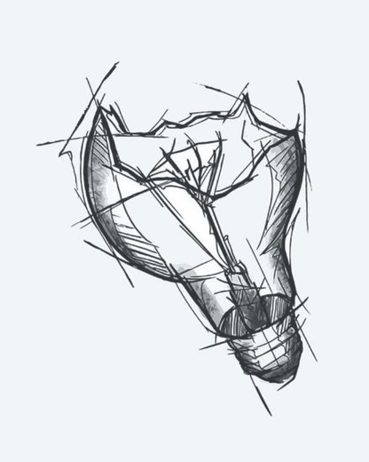 Broken Light Bulb semi-permanent tattoo design by INKON – sketchy, broken, light, bulb, illustrative illustration, 3 x 4 in (7x10cm), available at inkon.co