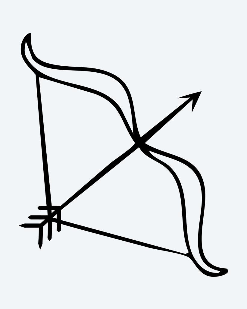 Bow & Arrow semi-permanent tattoo design by INKON – drawn, arrow, line, ribs, symbol illustration, 2 x 2 in (5x5cm), available at inkon.co