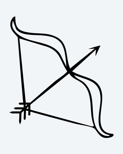 Bow & Arrow semi-permanent tattoo design by INKON – drawn, arrow, line, ribs, symbol illustration, 2 x 2 in (5x5cm), available at inkon.co