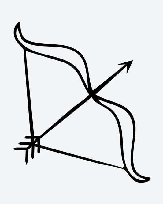 Bow & Arrow semi-permanent tattoo design by INKON – drawn, arrow, line, ribs, symbol illustration, 2 x 2 in (5x5cm), available at inkon.co