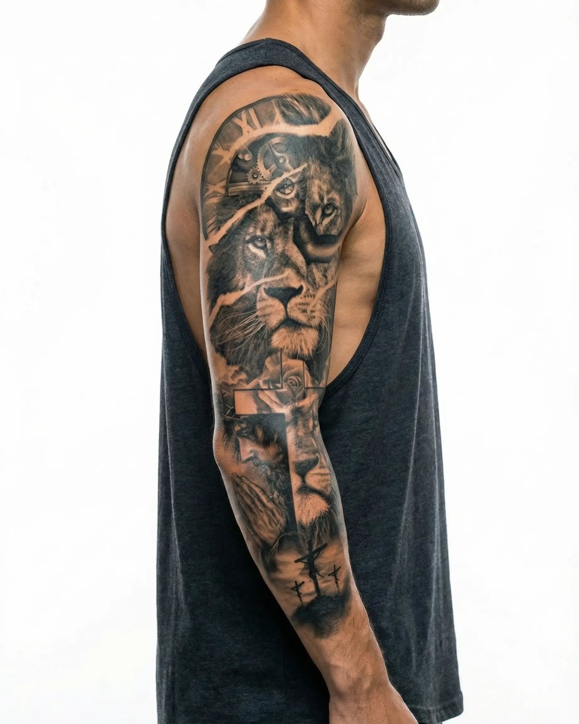 INKON Lion, Cross & Praying Hands semi-permanent tattoo applied on a man – 8 x 20 in (20x50cm) design, realistic ink look, lasts 10 days