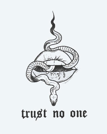Snake & Lips - Trust No One semi-permanent tattoo design by INKON – snake, slithering, through, parted, lips illustration, 3 x 4 in (6x11cm), available at inkon.co