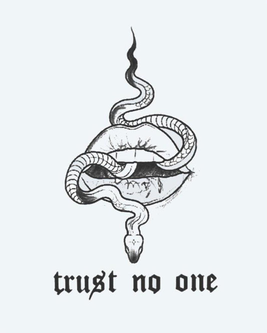 Snake & Lips - Trust No One semi-permanent tattoo design by INKON – snake, slithering, through, parted, lips illustration, 3 x 4 in (6x11cm), available at inkon.co