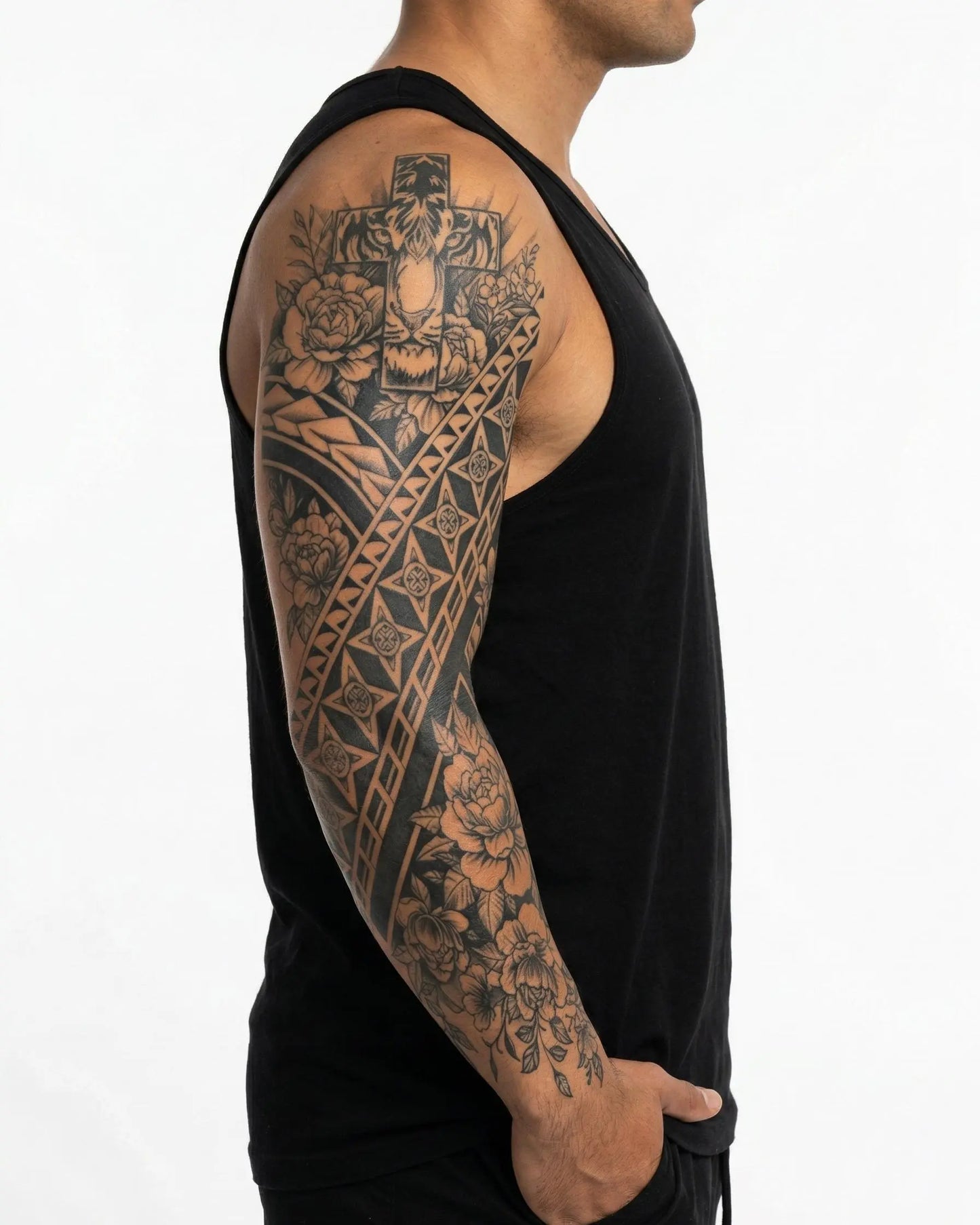 INKON Tribal Cross & Roses semi-permanent tattoo applied on a man – 8 x 20 in (20x50cm) design, realistic ink look, lasts 10 days