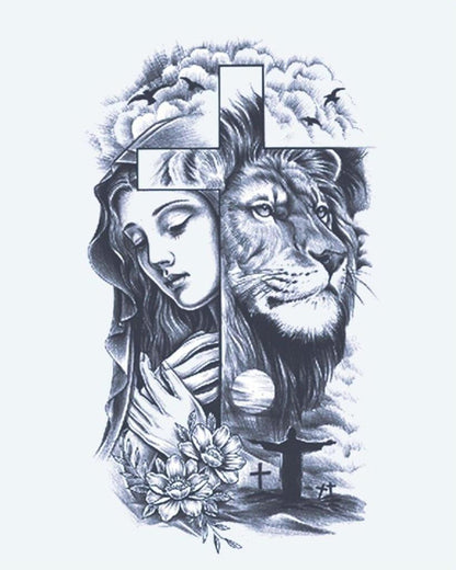 Praying Woman, Lion & Cross semi-permanent tattoo design by INKON – praying, woman, lion, face, split illustration, 4 x 7 in (10x17cm), available at inkon.co