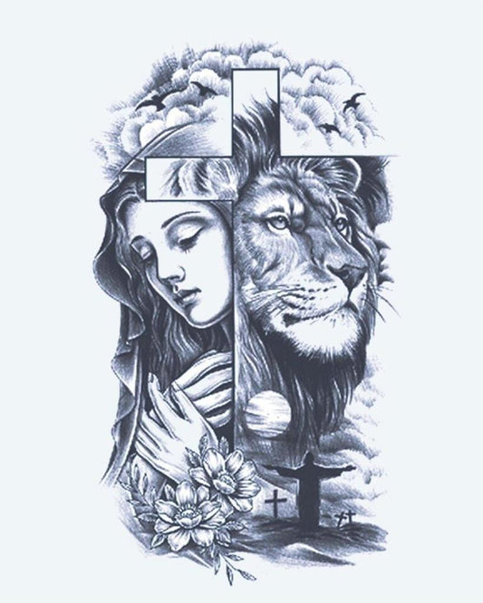 Praying Woman, Lion & Cross semi-permanent tattoo design by INKON – praying, woman, lion, face, split illustration, 4 x 7 in (10x17cm), available at inkon.co