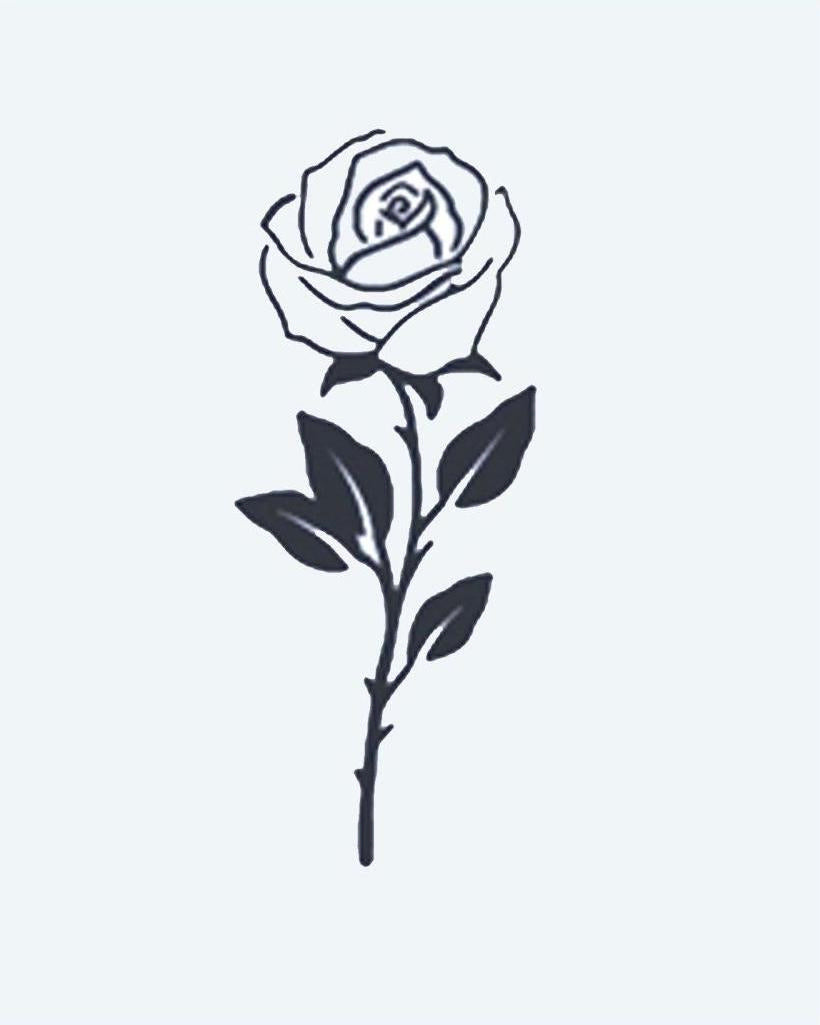 Single Stem Rose semi-permanent tattoo design by INKON – single, stem, rose, petals, leaves illustration, 2 x 2 in (5x5cm), available at inkon.co