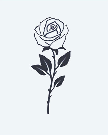 Single Stem Rose semi-permanent tattoo design by INKON – single, stem, rose, petals, leaves illustration, 2 x 2 in (5x5cm), available at inkon.co