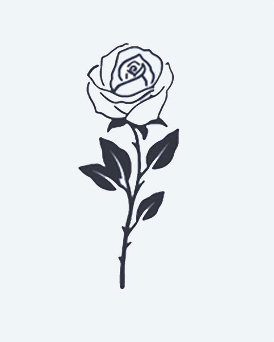 Single Stem Rose semi-permanent tattoo design by INKON – single, stem, rose, petals, leaves illustration, 2 x 2 in (5x5cm), available at inkon.co