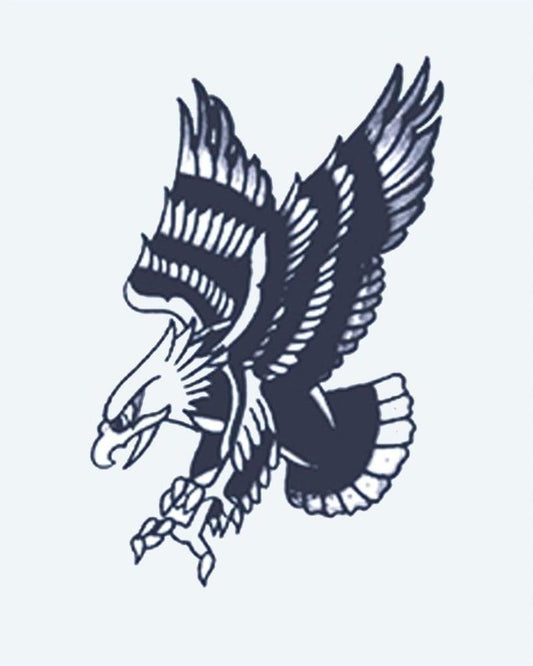 Swooping Eagle semi-permanent tattoo design by INKON – american, eagle, dive, outstretched, talons illustration, 2 x 2 in (5x5cm), available at inkon.co