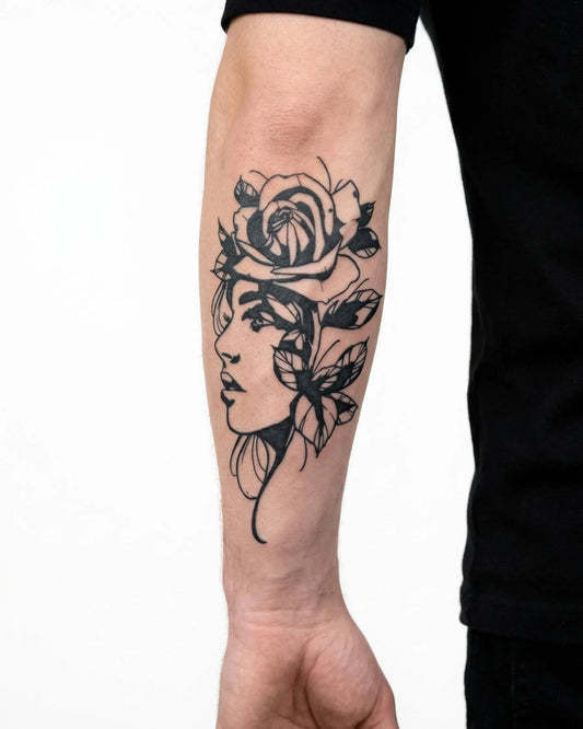 INKON Woman & Rose Portrait semi-permanent tattoo applied on a man – 4 x 7 in (10x17cm) design, realistic ink look, lasts 10 days